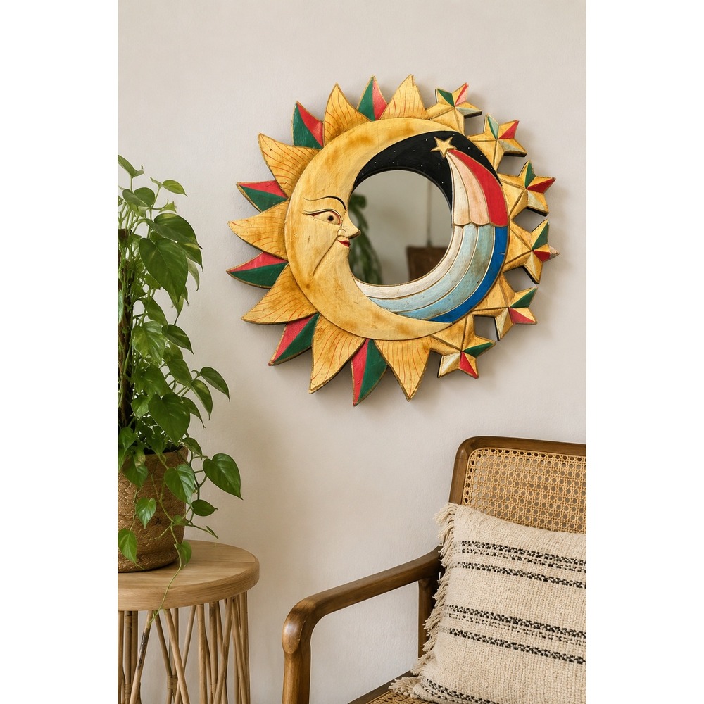 Vintage 90s Celestial Sun Moon Star Carved Wood Mirror Indonesia Boho Folk Art
